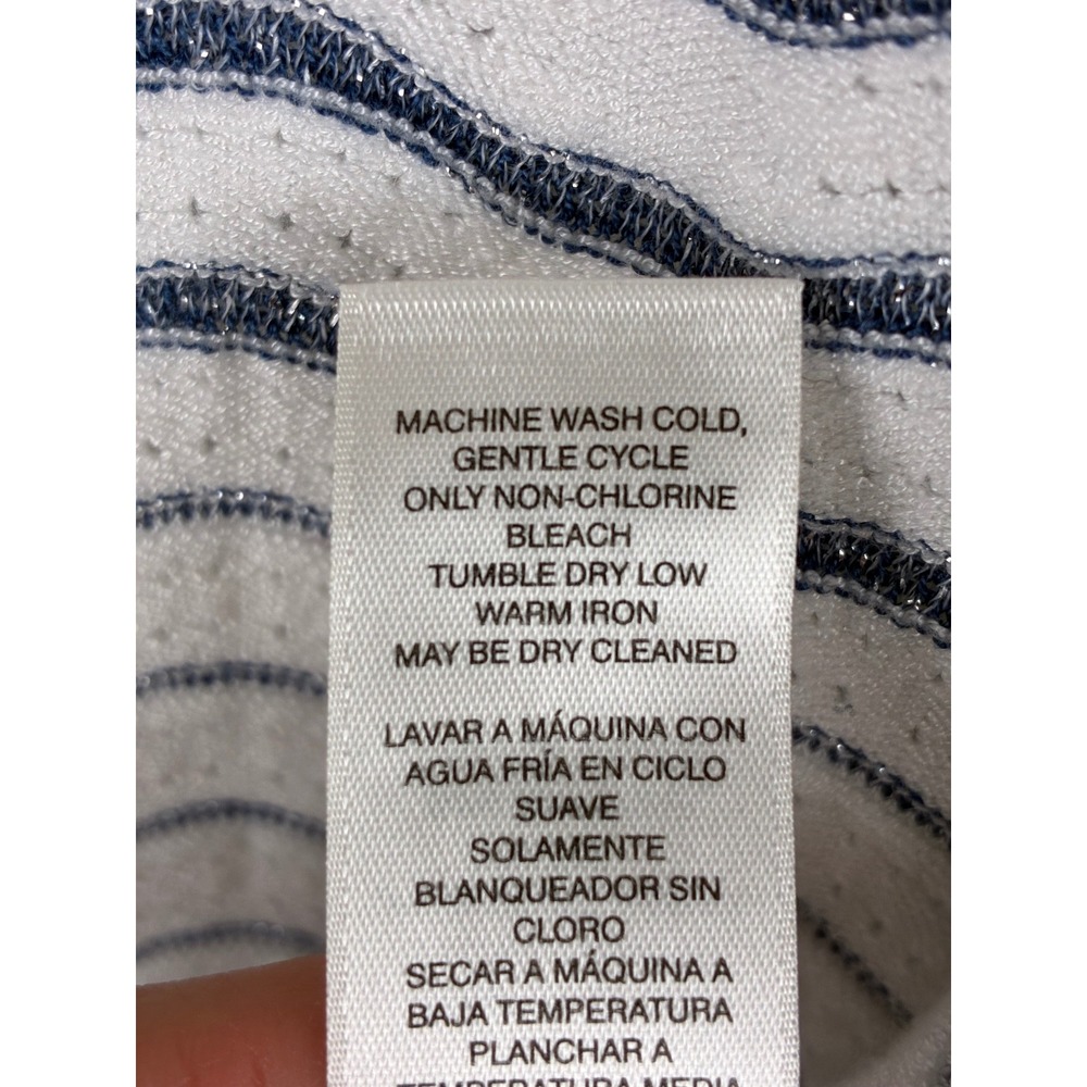 Chico's Open Front Knit Cardigan White Blue Wave Stripe Shimmer 3/4 Sleeve 2 - Picture 10 of 10